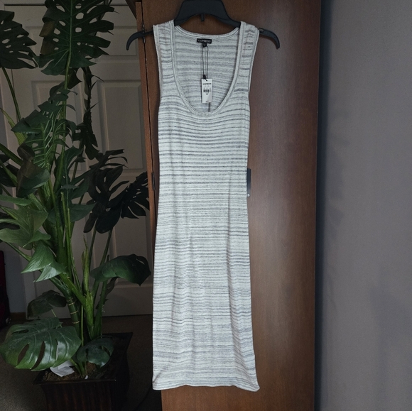 Express Body Con Open Back Grey And Off  White Striped Long Dress - Picture 1 of 5